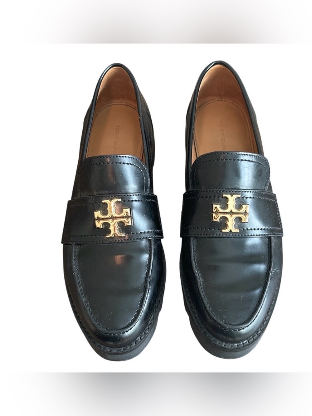 Tory Burch Mini Everly Chunky Lug Sole Leather Loafers Black 6.5 Gold Logo